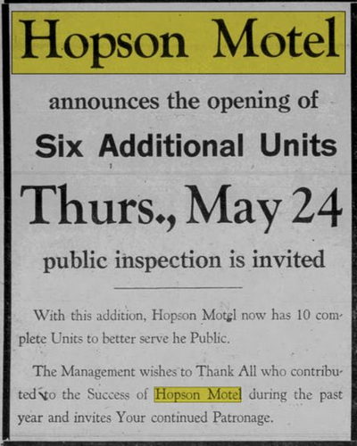 Hooks Waterfront Resort (Train Station Motel, Hopson Motel) - May 1956 Ad